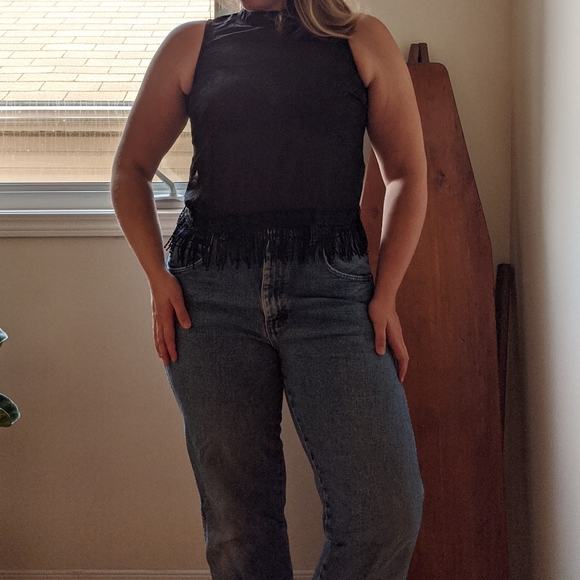 High neck sheer blouse with flower and fringe - Picture 2 of 2